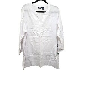 NWT Lands End White Split Neck 3/4 Sleeve Tunic Lightweight Lenin Blend XL
